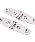 Front view of pair of 316 stainless steel marine hatch hinges, mirror-polished with screw holes
