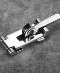 Close-up of 120mm 316 stainless steel boat hatch latch with polished finish and anti-rattle clamp