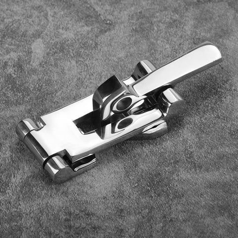 Close-up of 120mm 316 stainless steel boat hatch latch with polished finish and anti-rattle clamp