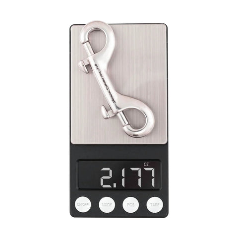Double Ended Bolt Snap Hooks 3.5 Inch Stainless Steel Marine Grade 316, 2 Pack shown on scale weighing 2.177 oz