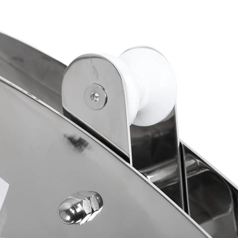 Stainless steel hinged bow anchor roller with white plastic roller on a boat bow, close-up view
