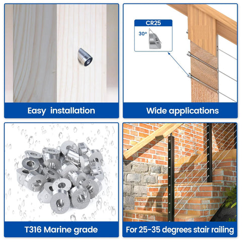 20 Pcs 316 Stainless Cable Railing Angle Washers 25 30 35 for 1/8in Cable with installation and application examples