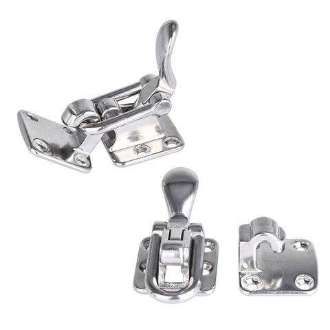 Two Pack 316 Stainless Steel Hold Down 90 Degree Locking Cam Latches Anti Rattle Hasps For Boat Marine RV Caravan Durable Polished Finish Easy To Install Small Draw Latches For Perpendicular Use Latch Size Four By One And One Half Inch