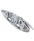 Close-up of 1-piece stainless steel marine folding cleat for yachts; mounting hardware visible.