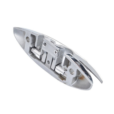 Close-up of 1-piece stainless steel marine folding cleat for yachts; mounting hardware visible.