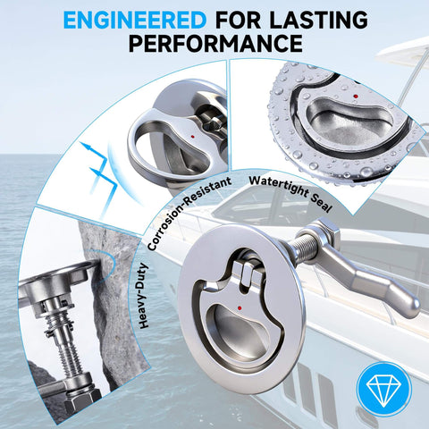 Premium 316 marine stainless steel cam latch features a back plate and flush pull for secure, corrosion resistant deck hatches on boats, yachts or RVs; includes installation screws for easy mounting