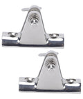 Two stainless steel Bimini top deck hinges with spring pins; front view.