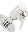 Front view of stainless steel marine-grade door catch with spring-loaded bolt and circular base.