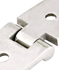 Stainless steel marine hatch hinge, 316 SS, close-up view with locking slot and mounting holes