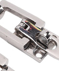 Lockable hatch clamp for boats, chrome stainless steel, center tension cam, close-up view