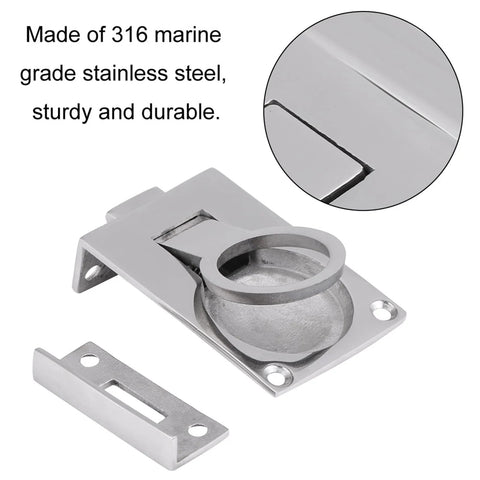 316 marine-grade stainless steel ring-handle flush hatch latch with mounting plate and strike plate