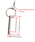 Four Sets Quarter Inch Diameter Single Ball Quick Release Pins Made From 316 Stainless Steel For Bimini Tops And Marine Hardware With Lanyard And Screws Clamping Length One Inch Ideal For Awning Roofs Boat Tops Deck Hinges And Marine Fittings, shown with dimensions and rope length