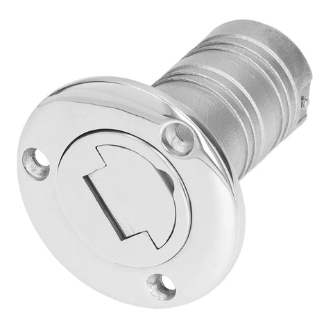 Front view of a 38mm marine-grade 316 stainless steel refueling port with a keyless cap and O-ring seal