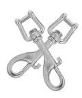 Front view of two 100mm 316 stainless steel bolt snap clips for scuba gear