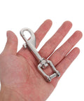 Front view of CALLARON 316 stainless steel dive snap hook with trigger, 100mm, held in hand