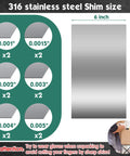 Diagram showing 316 Stainless Steel Shim Stock Kit With 12 Flat Shims in sizes from 0.001 to 0.005 inch, perfect for DIY crafts.