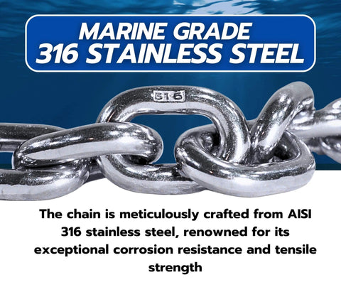 Close-up of ✝️ 1/4" G43 ISO AISI 316 Marine Grade Stainless Steel Anchor Chain Mirror Polished Finish Marine Grade ISO G43 (15 ft)