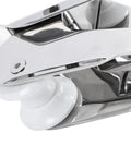 316 stainless steel hinged bow anchor roller, close-up view with white plastic rollers