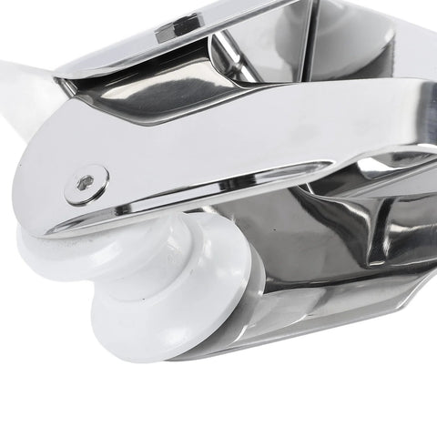316 stainless steel hinged bow anchor roller, close-up view with white plastic rollers