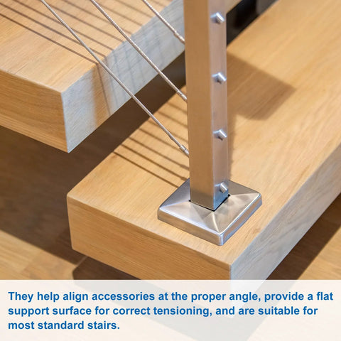 316 Stainless Steel 20 Degree Angle Washer 1 Quarter Inch ID Wire Rope Ends Ten installed on a wooden stair railing.