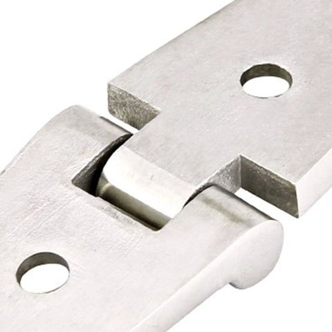 Boat hatch hinge, mirror-polished 316 stainless steel with screw holes (close-up view)
