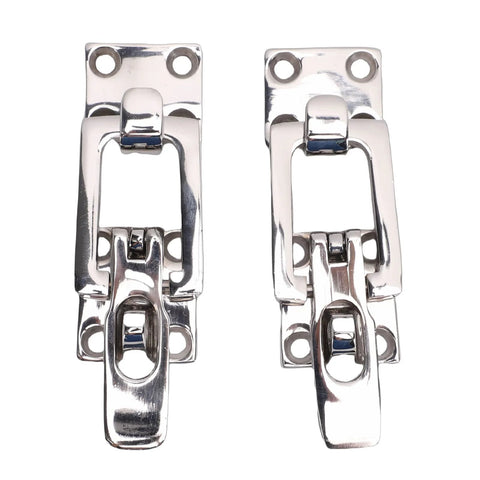 Two stainless steel boat hatch latches with center tension cam and padlock holes