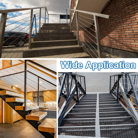 Cable railing systems on stairs using 316 stainless steel 20 degree angle washer 1 quarter inch ID wire rope ends ten.