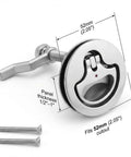 Marine grade 316 stainless steel boat cam latch set fits 52mm hole cutouts and 1/2 to 1 inch panels, side view with screws