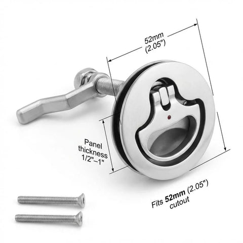 Marine grade 316 stainless steel boat cam latch set fits 52mm hole cutouts and 1/2 to 1 inch panels, side view with screws