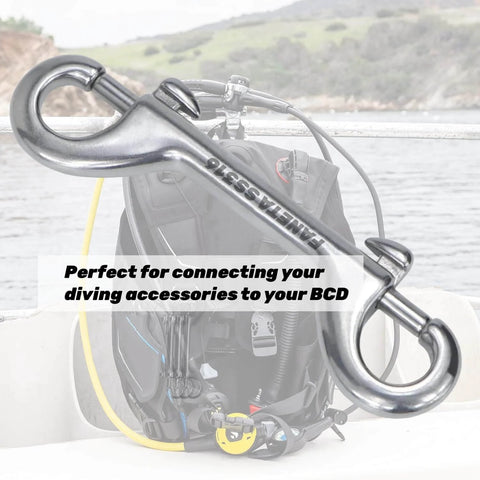 316 Stainless Steel Double Ended Bolt Snap Hook Marine Grade Diving Clips Heavy Duty Trigger Chain Clip Key Holder For Pet Feed Bucket Hammock Horse Tack 90mm Silver 2 Pack shown with scuba gear