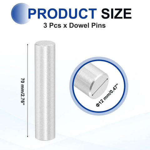 Industrial Grade 3 Pcs 12 x 70 Mm 316 Stainless Steel Dowel Pins Set dimensions and close-up