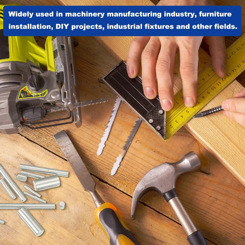 Tools on workshop table with metal dowel pins, square, hammer, and saw blades, used for 316 Stainless Steel Dowel Pins 16 x 30 mm 2 Pack