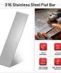 Two 316 Stainless Steel Flat Bar Pieces, 1/8 Inch Thick, 1-31/32 Inch Wide, 12 Inch Long, shown with grinder and weldability icons