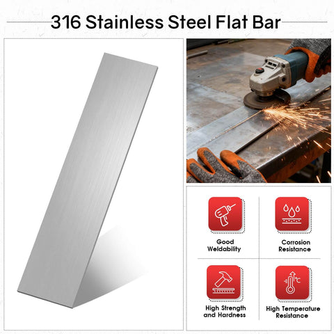 Two 316 Stainless Steel Flat Bar Pieces, 1/8 Inch Thick, 1-31/32 Inch Wide, 12 Inch Long, shown with grinder and weldability icons