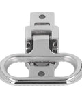 Close-up of marine folding foot pedal in chrome stainless steel with spring-loaded hinge and mounting plate.