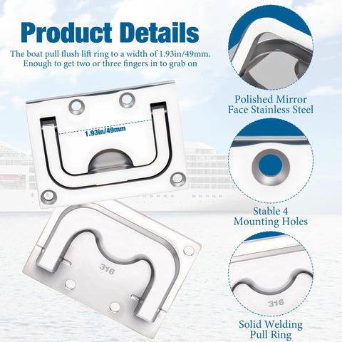 Diagram of 316 Stainless Steel Boat Hatch Handle Flush Mount Pull Recessed Door Pull With Mounting Screws, showing dimensions and features