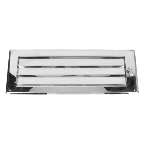 Front view of stainless steel louvered vent, rectangular 22 x 7.9 in, mirror-polished finish, adjustable with lock