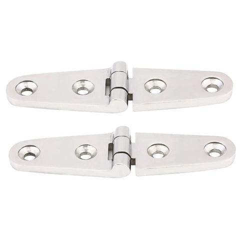 Pair of 316 stainless steel marine hatch hinges, mirror-polished with mounting holes (front view).