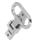 Front close-up of chrome 316 stainless steel marine folding foot pedal with ring and mounting base