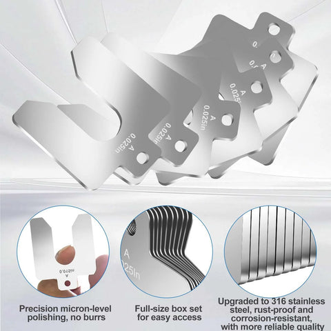 80 Piece Size A 2 By 2 Inch Stainless Steel Slotted Shim Go To Pro Grade Shop Kit with 316 Stainless Steel, different thicknesses shown