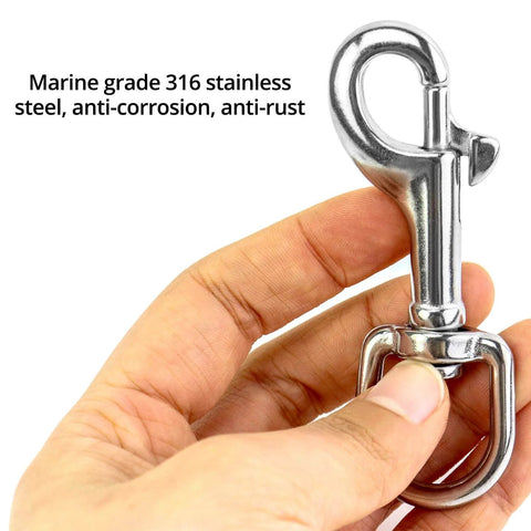 Close-up of a hand holding a 316 Stainless Steel Three And One Half Inch Swivel Eye Bolt Snap Hook, showing marine-grade finish.