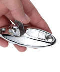 Close-up of 316 stainless steel swivel deck side-mount hinge with quick-release, mirror-polished marine hardware