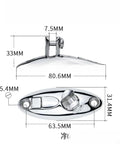 Front and side view of mirror-polished 316 stainless steel swivel deck hinge with quick-release for bimini top.