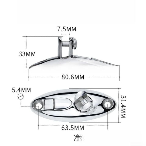Front and side view of mirror-polished 316 stainless steel swivel deck hinge with quick-release for bimini top.