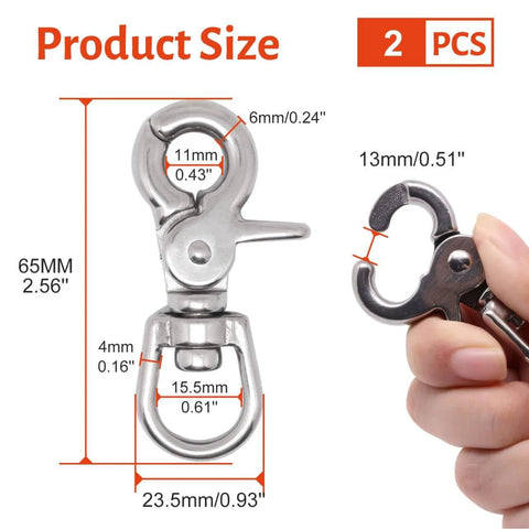 Dimensions and close-up of Two Pack Heavy Duty 316 Stainless Steel Trigger Snap Swivel Hooks Two And A Half Inch Polished Clip