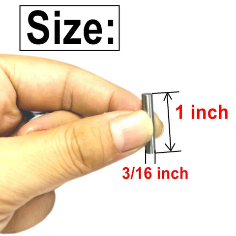Person holding Heavy Duty 3/16 Inch By 1 Inch Dowel Pin, size diagram shown for woodworking and shelving applications.