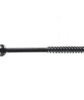 Close-up of 4 Inch No 10 Hex Head Epoxy Steel Wood Screws Black for decks and lumber, showing thread details, weather resistance.