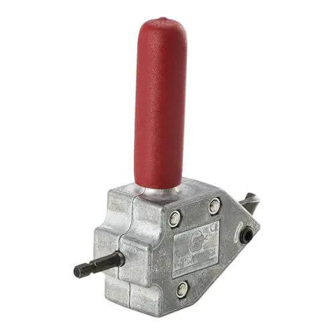 Turbo Sheet Metal Shear Attachment For Drills, 20 Gauge Capacity, Lightweight Aluminum Head, red grip handle, front view