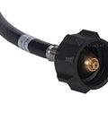 Close-up of propane hose adapter end, Propane Hose 1lb To 20lb Adapter For 12 Foot Connection, Hook Up Your Grill Time With A Big LP Tank