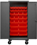 Heavy Duty Thirty Bin Mobile Storage Cabinet Featuring Adjustable Rolling Parts Organizer Cart For Workshop Garage Setup Built Damn Tough Right Here In America, front view with red bins.
